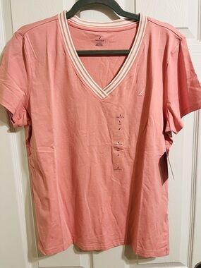 Nautica Soft Pink V-Neck Tee with Striped Trim